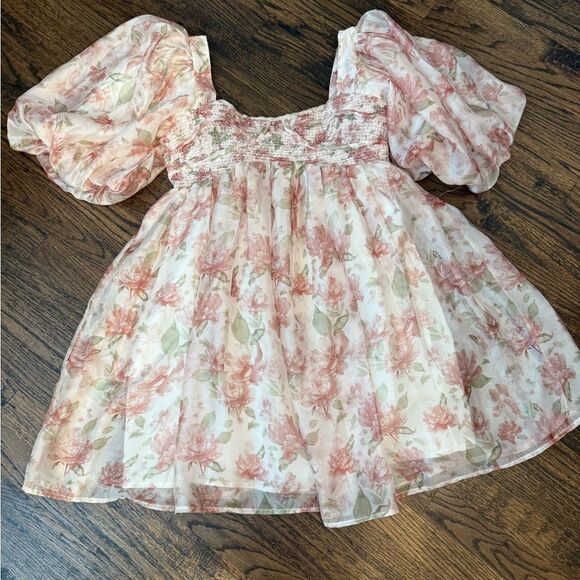Sofie the Label Floral Smocked Mini Dress in Peach-jj6 - Picture 5 of 12